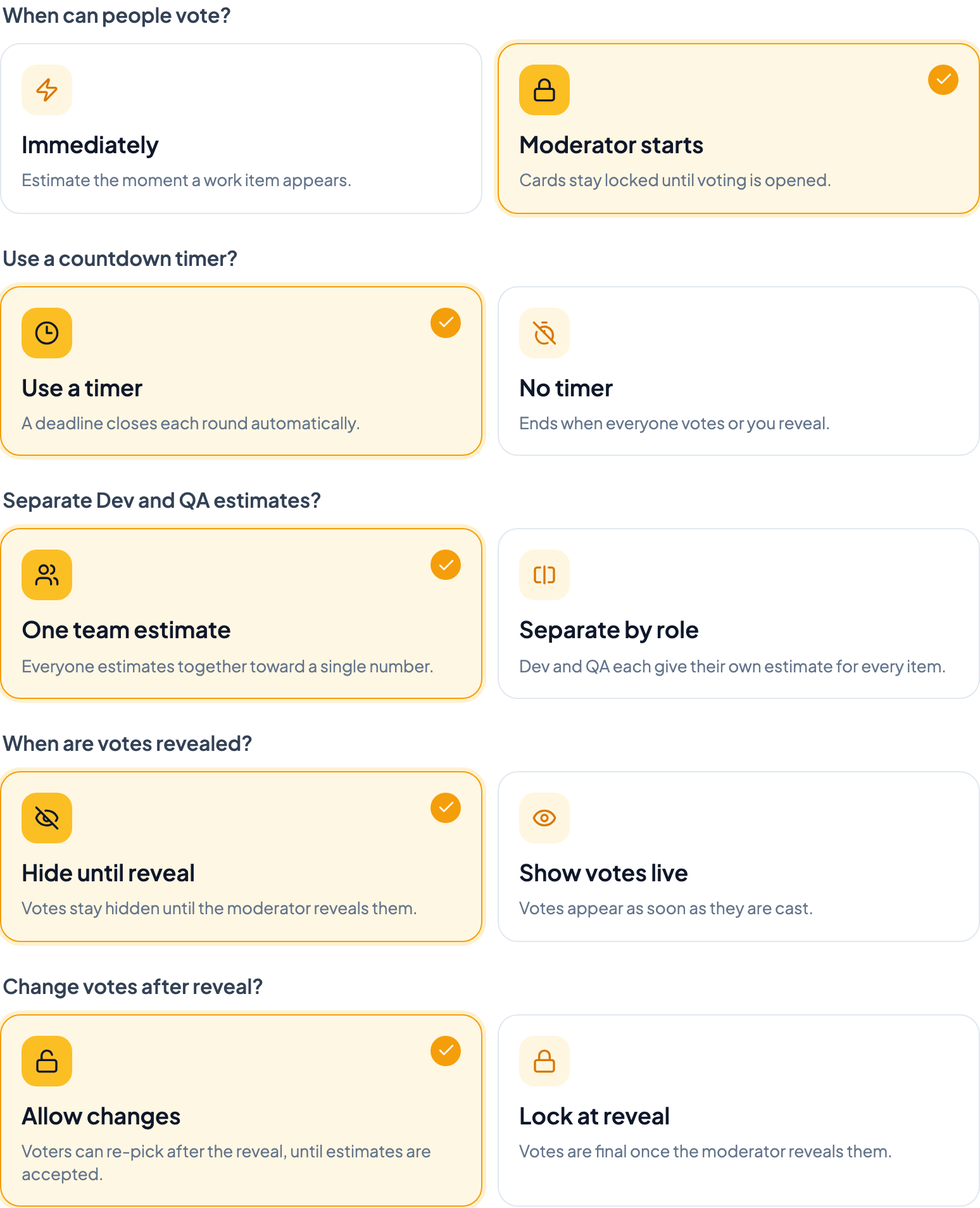 Room settings' voting-preference fieldsets: When can people vote, Use a countdown timer, Separate Dev and QA estimates, When are votes revealed, and Change votes after reveal