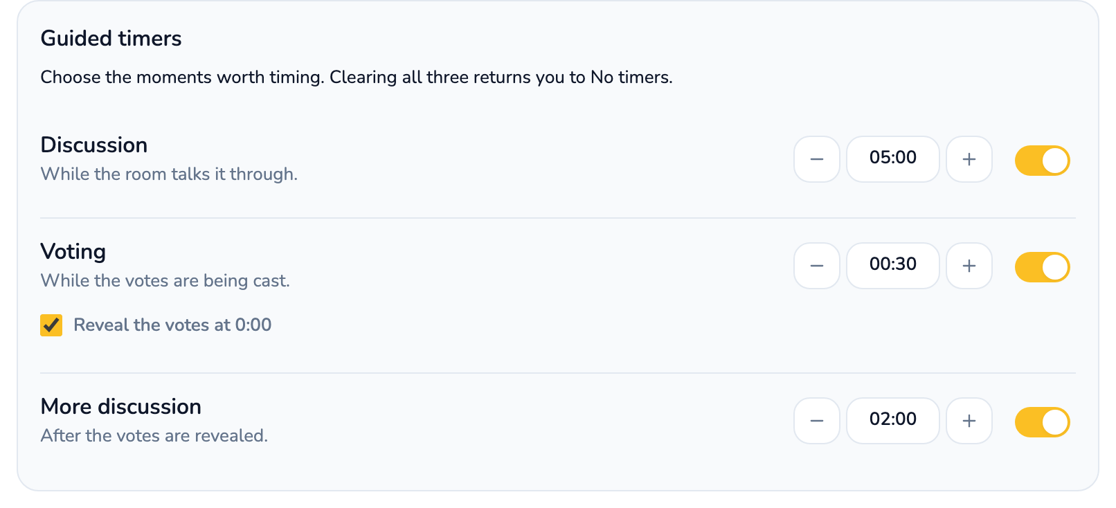 The Guided timers panel in room settings: Discussion at 05:00, Voting at 00:30 with "Reveal the votes at 0:00" checked, and More discussion at 02:00, each with its own on-off switch