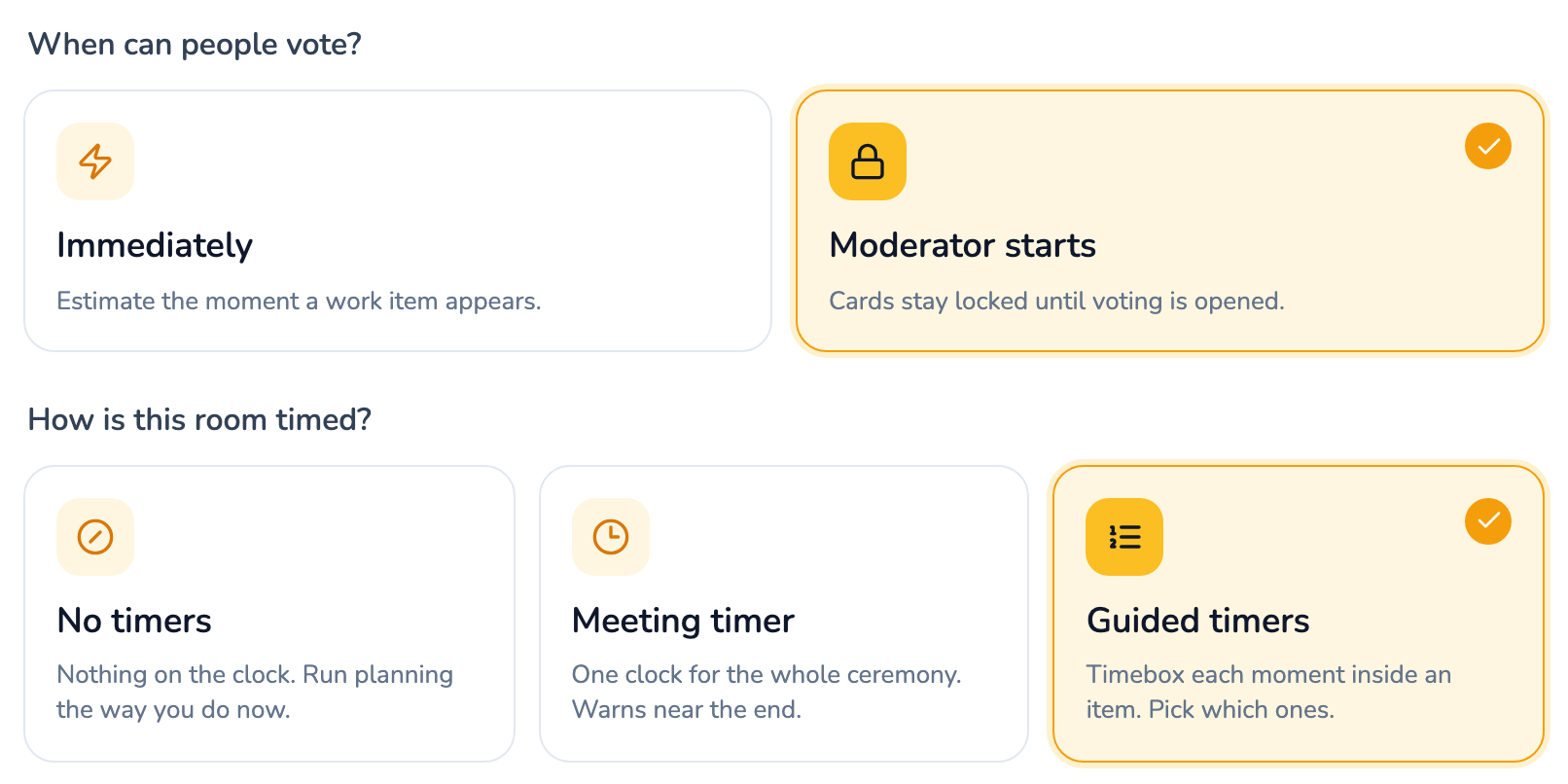 Room settings' first two questions: when people can vote — Immediately or Moderator starts — and how the room is timed, as three cards reading No timers, Meeting timer and Guided timers