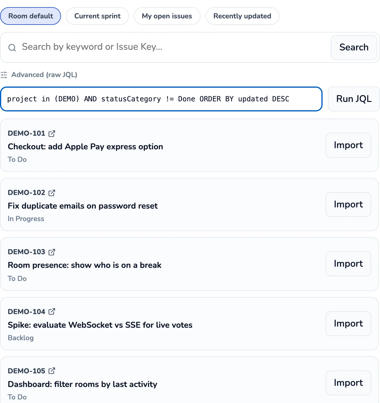 The Jira search panel inside a SprintBee room, showing preset search chips plus an open Advanced raw JQL field with a real JQL query typed in.
