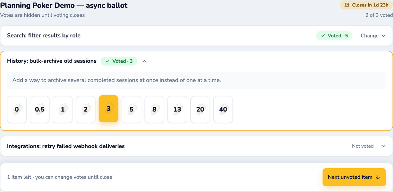 An async ballot showing two items already voted and one still open, with a visible close deadline.