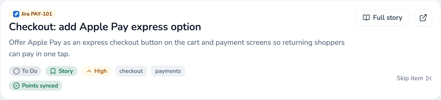 A Jira work item card showing an accepted estimate that has been written back to Jira, with a synced-points confirmation badge.